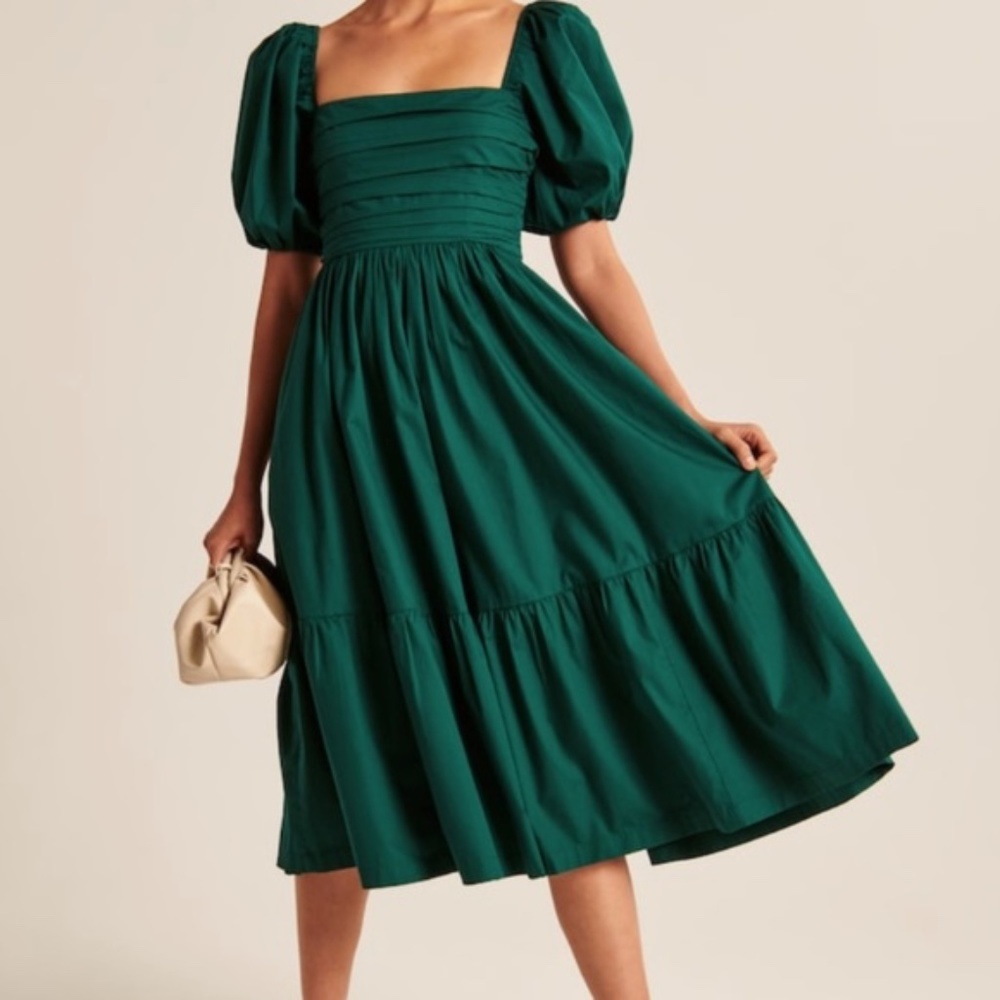 Abercrombie Emerson poplin puff sleeve midi dress emerald green M